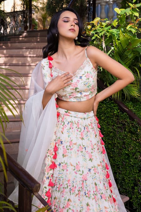 Shop_Suruchi Parakh_White Georgette, Crepe, Organza Embroidery, Tassels Tiered Printed Lehenga Set _Online_at_Aza_Fashions