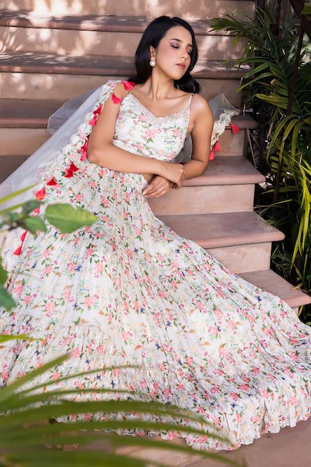 Buy_Suruchi Parakh_White Georgette, Crepe, Organza Embroidery, Tassels Tiered Printed Lehenga Set 