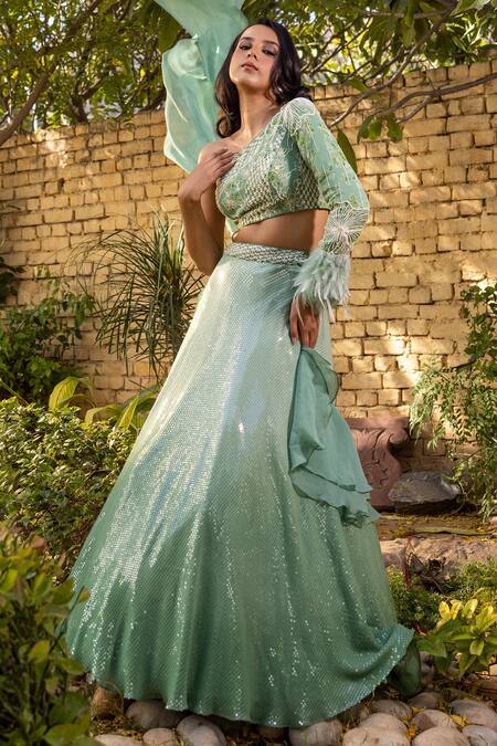 Buy Suruchi Parakh Green Georgette, Organza Cut Work, Sequins, Beads Embroidered Lehenga Blouse Set Online at Aza Fashions Buy_Suruchi Parakh_Green Georgette, Organza Cut Work, Sequins, Beads Embroidered Lehenga Blouse Set _Online_at_Aza_Fashions