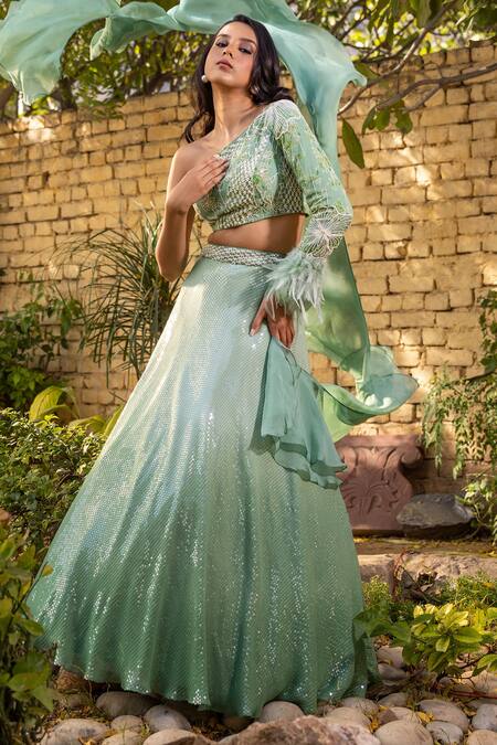 Shop Suruchi Parakh Green Georgette, Organza Cut Work, Sequins, Beads Embroidered Lehenga Blouse Set Online at Aza Fashions Shop_Suruchi Parakh_Green Georgette, Organza Cut Work, Sequins, Beads Embroidered Lehenga Blouse Set _Online_at_Aza_Fashions