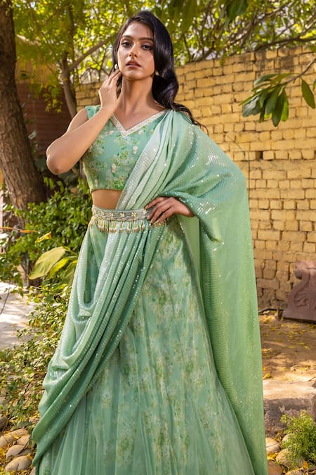 Buy_Suruchi Parakh_Green Georgette Beads, Pearls, Sequins V-neck Floral Print Lehenga Saree Set _Online_at_Aza_Fashions