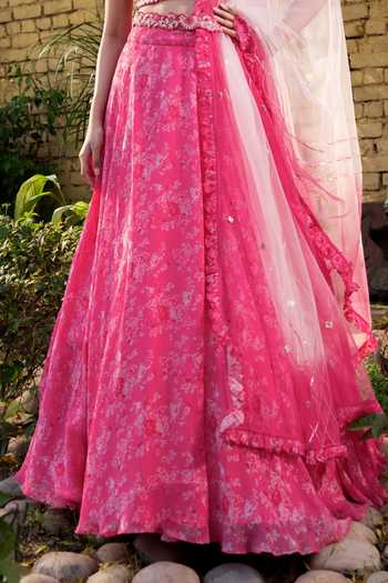 Suruchi Parakh Pink Georgette Embroidery, Sequins, Ruffles Vintage Floral Print Lehenga Set Online at Aza Fashions Suruchi Parakh_Pink Georgette Embroidery, Sequins, Ruffles Vintage Floral Print Lehenga Set _Online_at_Aza_Fashions