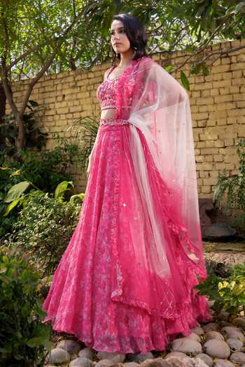 Buy Suruchi Parakh Pink Georgette Embroidery, Sequins, Ruffles Vintage Floral Print Lehenga Set Online at Aza Fashions Buy_Suruchi Parakh_Pink Georgette Embroidery, Sequins, Ruffles Vintage Floral Print Lehenga Set _Online_at_Aza_Fashions