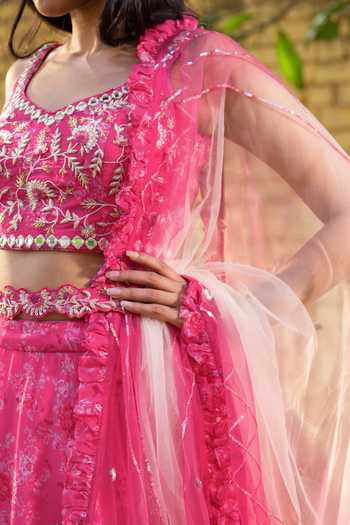 Shop Suruchi Parakh Pink Georgette Embroidery, Sequins, Ruffles Vintage Floral Print Lehenga Set Online at Aza Fashions Shop_Suruchi Parakh_Pink Georgette Embroidery, Sequins, Ruffles Vintage Floral Print Lehenga Set _Online_at_Aza_Fashions