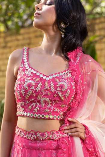 Suruchi Parakh Pink Georgette Embroidery, Sequins, Ruffles Vintage Floral Print Lehenga Set at Aza Fashions Suruchi Parakh_Pink Georgette Embroidery, Sequins, Ruffles Vintage Floral Print Lehenga Set _at_Aza_Fashions