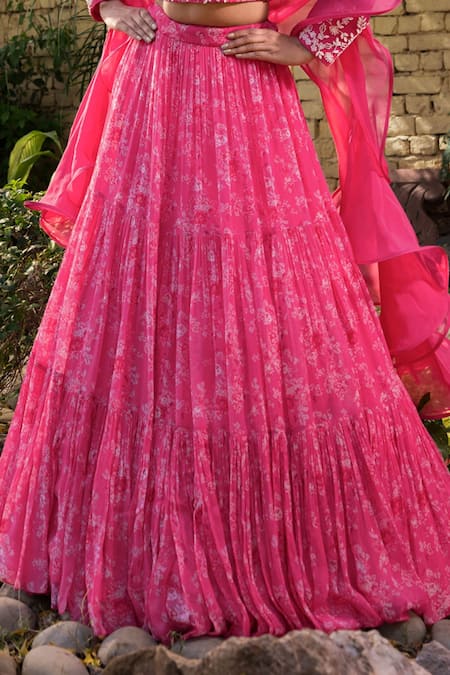 Suruchi Parakh Pink Net, Georgette Embroidery Asymmetric Pleated Floral Print Lehenga Set Online at Aza Fashions Suruchi Parakh_Pink Net, Georgette Embroidery Asymmetric Pleated Floral Print Lehenga Set _Online_at_Aza_Fashions