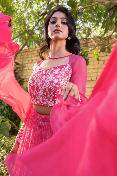 Shop Suruchi Parakh Pink Net, Georgette Embroidery Asymmetric Pleated Floral Print Lehenga Set Online at Aza Fashions Shop_Suruchi Parakh_Pink Net, Georgette Embroidery Asymmetric Pleated Floral Print Lehenga Set _Online_at_Aza_Fashions