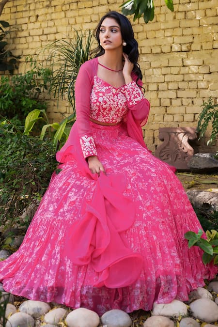 Suruchi Parakh Pink Net, Georgette Embroidery Asymmetric Pleated Floral Print Lehenga Set at Aza Fashions Suruchi Parakh_Pink Net, Georgette Embroidery Asymmetric Pleated Floral Print Lehenga Set _at_Aza_Fashions