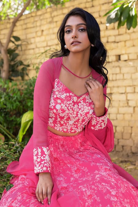 Buy Suruchi Parakh Pink Net, Georgette Embroidery Asymmetric Pleated Floral Print Lehenga Set Buy_Suruchi Parakh_Pink Net, Georgette Embroidery Asymmetric Pleated Floral Print Lehenga Set