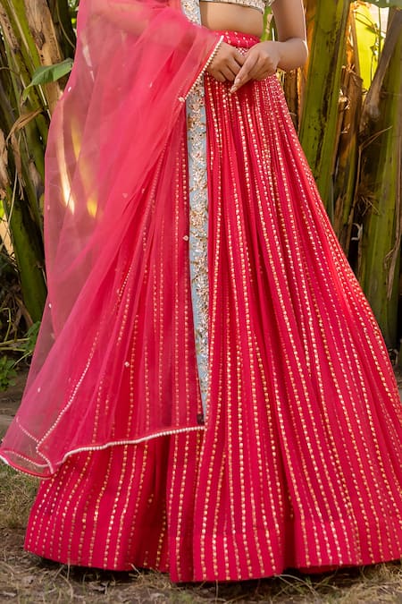 Shop Suruchi Parakh Pink Georgette, Net Sequins, Embroidery Sweetheart Neck Lehenga Set Online at Aza Fashions Shop_Suruchi Parakh_Pink Georgette, Net Sequins, Embroidery Sweetheart Neck Lehenga Set _Online_at_Aza_Fashions