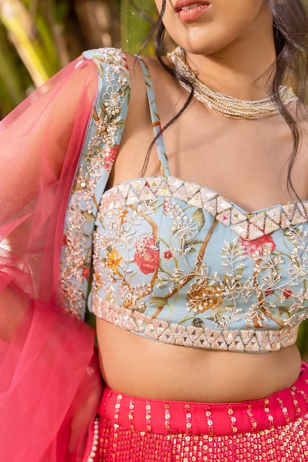 Suruchi Parakh Pink Georgette, Net Sequins, Embroidery Sweetheart Neck Lehenga Set at Aza Fashions Suruchi Parakh_Pink Georgette, Net Sequins, Embroidery Sweetheart Neck Lehenga Set _at_Aza_Fashions