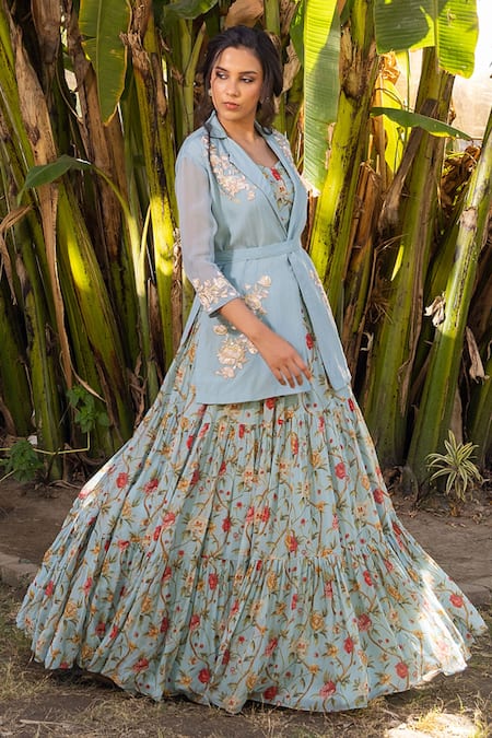 Suruchi Parakh Blue Georgette, Organza Embroidery, Flower Vine Pleated Lehenga And Jacket Set Online at Aza Fashions Suruchi Parakh_Blue Georgette, Organza Embroidery, Flower Vine Pleated Lehenga And Jacket Set _Online_at_Aza_Fashions