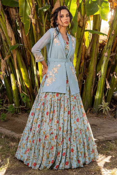 Buy Suruchi Parakh Blue Georgette, Organza Embroidery, Flower Vine Pleated Lehenga And Jacket Set Online at Aza Fashions Buy_Suruchi Parakh_Blue Georgette, Organza Embroidery, Flower Vine Pleated Lehenga And Jacket Set _Online_at_Aza_Fashions