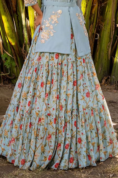 Suruchi Parakh Blue Georgette, Organza Embroidery, Flower Vine Pleated Lehenga And Jacket Set at Aza Fashions Suruchi Parakh_Blue Georgette, Organza Embroidery, Flower Vine Pleated Lehenga And Jacket Set _at_Aza_Fashions