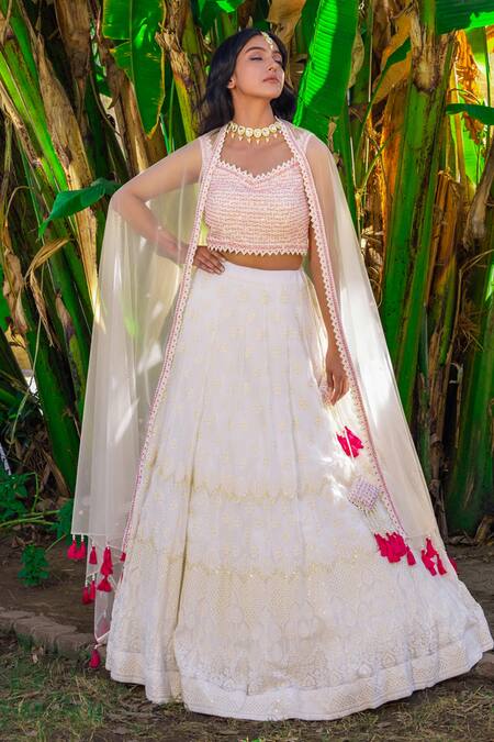 Buy Suruchi Parakh White Georgette, Net Embroidery, Tassels V-neck Thread Blouse Lehenga Set Online at Aza Fashions Buy_Suruchi Parakh_White Georgette, Net Embroidery, Tassels V-neck Thread Blouse Lehenga Set _Online_at_Aza_Fashions