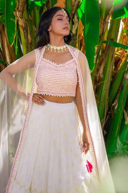 Shop Suruchi Parakh White Georgette, Net Embroidery, Tassels V-neck Thread Blouse Lehenga Set Online at Aza Fashions Shop_Suruchi Parakh_White Georgette, Net Embroidery, Tassels V-neck Thread Blouse Lehenga Set _Online_at_Aza_Fashions