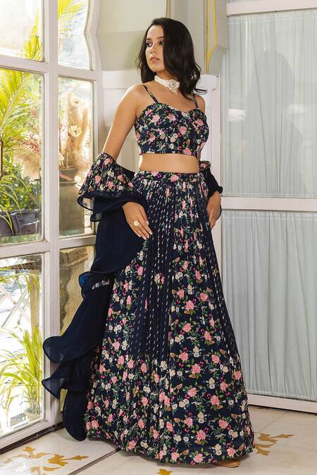 Suruchi Parakh Blue Georgette, Crepe, Organza Embroidery Floral Printed Lehenga Set With Corset at Aza Fashions Suruchi Parakh_Blue Georgette, Crepe, Organza Embroidery Floral Printed Lehenga Set With Corset _at_Aza_Fashions