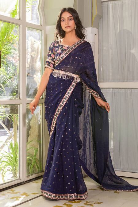 Suruchi Parakh Blue Georgette, Organza Sequins, Embroidery, Tassels V-neck Saree With Blouse Online at Aza Fashions Suruchi Parakh_Blue Georgette, Organza Sequins, Embroidery, Tassels V-neck Saree With Blouse _Online_at_Aza_Fashions