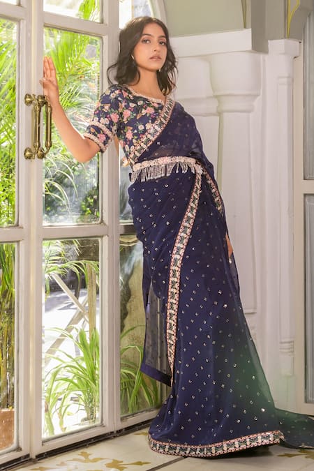 Buy Suruchi Parakh Blue Georgette, Organza Sequins, Embroidery, Tassels V-neck Saree With Blouse Online at Aza Fashions Buy_Suruchi Parakh_Blue Georgette, Organza Sequins, Embroidery, Tassels V-neck Saree With Blouse _Online_at_Aza_Fashions