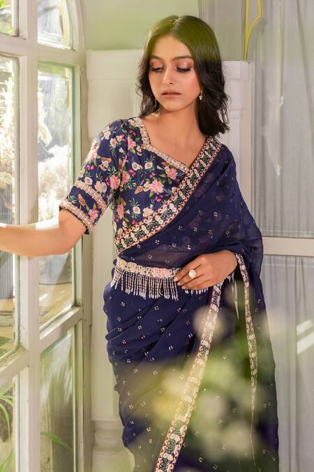Shop Suruchi Parakh Blue Georgette, Organza Sequins, Embroidery, Tassels V-neck Saree With Blouse Online at Aza Fashions Shop_Suruchi Parakh_Blue Georgette, Organza Sequins, Embroidery, Tassels V-neck Saree With Blouse _Online_at_Aza_Fashions