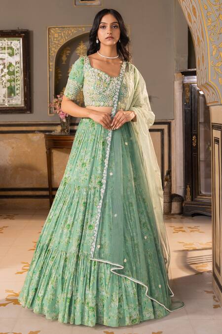 Suruchi Parakh Green Georgette, Net Pearls, Beads, Sequins Floral Pattern Tiered Lehenga Set Online at Aza Fashions Suruchi Parakh_Green Georgette, Net Pearls, Beads, Sequins Floral Pattern Tiered Lehenga Set _Online_at_Aza_Fashions
