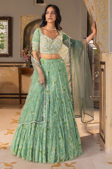 Buy Suruchi Parakh Green Georgette, Net Pearls, Beads, Sequins Floral Pattern Tiered Lehenga Set Online at Aza Fashions Buy_Suruchi Parakh_Green Georgette, Net Pearls, Beads, Sequins Floral Pattern Tiered Lehenga Set _Online_at_Aza_Fashions
