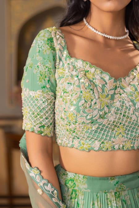 Suruchi Parakh Green Georgette, Net Pearls, Beads, Sequins Floral Pattern Tiered Lehenga Set at Aza Fashions Suruchi Parakh_Green Georgette, Net Pearls, Beads, Sequins Floral Pattern Tiered Lehenga Set _at_Aza_Fashions