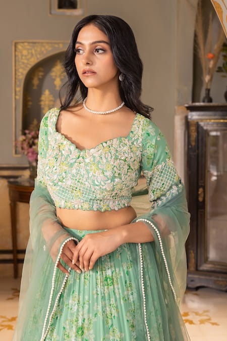 Buy Suruchi Parakh Green Georgette, Net Pearls, Beads, Sequins Floral Pattern Tiered Lehenga Set Buy_Suruchi Parakh_Green Georgette, Net Pearls, Beads, Sequins Floral Pattern Tiered Lehenga Set