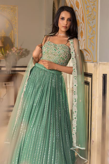 Suruchi Parakh Green Georgette, Crepe, Satin Cut Work, Pearls, Sequins, Lehenga Blouse Set Online at Aza Fashions Suruchi Parakh_Green Georgette, Crepe, Satin Cut Work, Pearls, Sequins, Lehenga Blouse Set _Online_at_Aza_Fashions