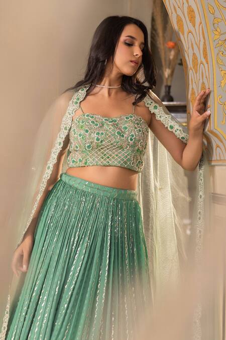 Suruchi Parakh Green Georgette, Crepe, Satin Cut Work, Pearls, Sequins, Lehenga Blouse Set at Aza Fashions Suruchi Parakh_Green Georgette, Crepe, Satin Cut Work, Pearls, Sequins, Lehenga Blouse Set _at_Aza_Fashions