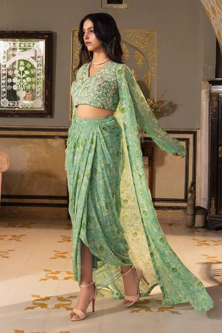 Shop Suruchi Parakh Green Georgette Sequins, Cut Work, Floral Print Jacket Draped Skirt Set Online at Aza Fashions Shop_Suruchi Parakh_Green Georgette Sequins, Cut Work, Floral Print Jacket Draped Skirt Set _Online_at_Aza_Fashions