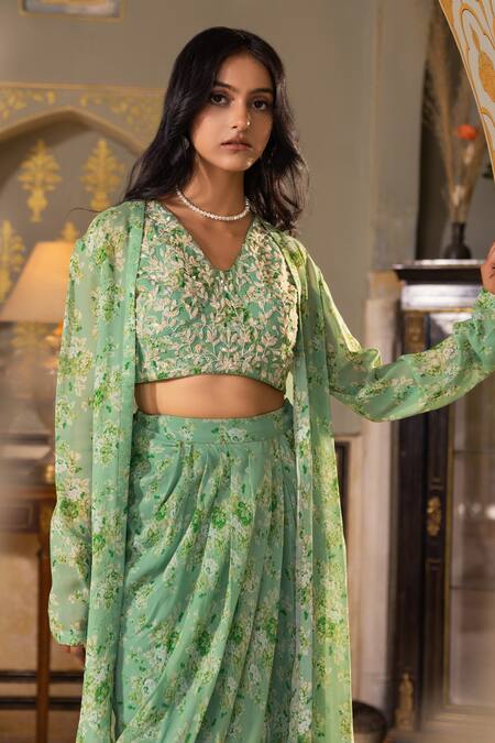 Suruchi Parakh Green Georgette Sequins, Cut Work, Floral Print Jacket Draped Skirt Set at Aza Fashions Suruchi Parakh_Green Georgette Sequins, Cut Work, Floral Print Jacket Draped Skirt Set _at_Aza_Fashions