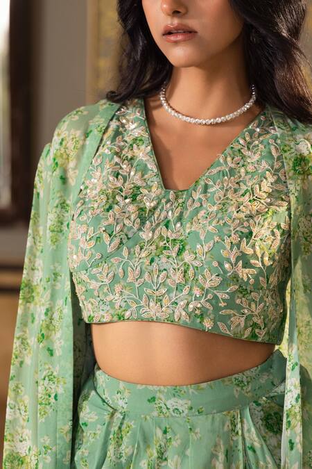 Buy Suruchi Parakh Green Georgette Sequins, Cut Work, Floral Print Jacket Draped Skirt Set Buy_Suruchi Parakh_Green Georgette Sequins, Cut Work, Floral Print Jacket Draped Skirt Set