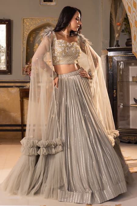 Shop Suruchi Parakh Grey Georgette, Net Sequins Sweetheart Neck Embroidered Blouse Lehenga Set Online at Aza Fashions Shop_Suruchi Parakh_Grey Georgette, Net Sequins Sweetheart Neck Embroidered Blouse Lehenga Set _Online_at_Aza_Fashions