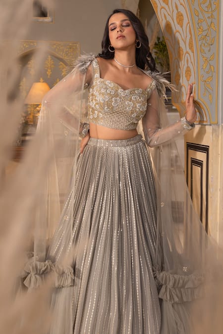 Suruchi Parakh Grey Georgette, Net Sequins Sweetheart Neck Embroidered Blouse Lehenga Set at Aza Fashions Suruchi Parakh_Grey Georgette, Net Sequins Sweetheart Neck Embroidered Blouse Lehenga Set _at_Aza_Fashions