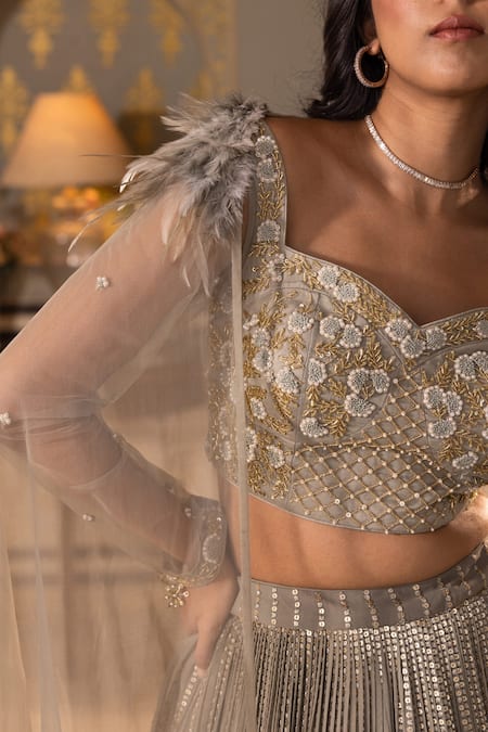 Buy Suruchi Parakh Grey Georgette, Net Sequins Sweetheart Neck Embroidered Blouse Lehenga Set Buy_Suruchi Parakh_Grey Georgette, Net Sequins Sweetheart Neck Embroidered Blouse Lehenga Set