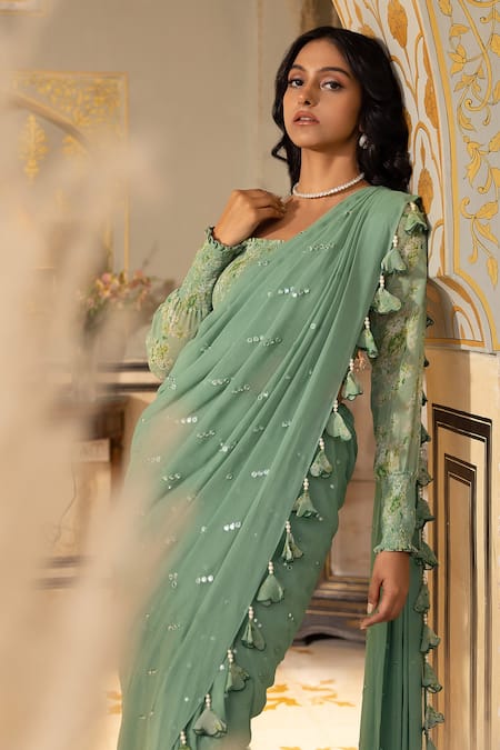 Buy_Suruchi Parakh_Green Georgette Embroidery, Mirrors Square Pre-draped Saree With Printed Blouse _Online_at_Aza_Fashions