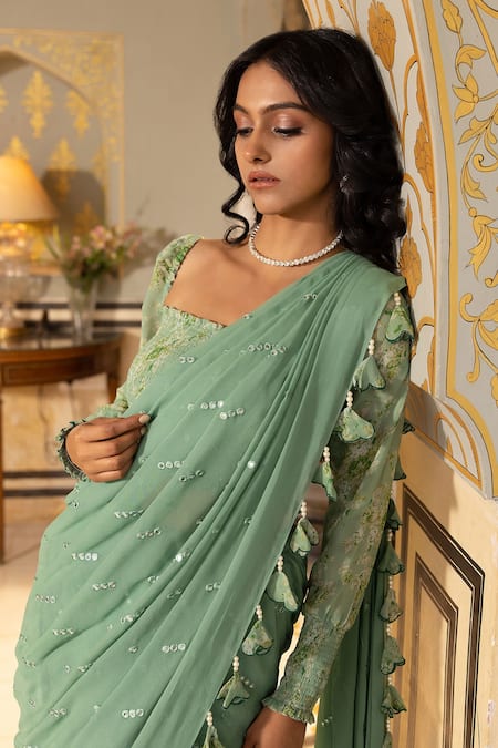 Shop_Suruchi Parakh_Green Georgette Embroidery, Mirrors Square Pre-draped Saree With Printed Blouse _Online_at_Aza_Fashions