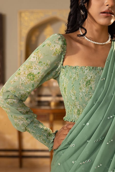 Suruchi Parakh_Green Georgette Embroidery, Mirrors Square Pre-draped Saree With Printed Blouse _at_Aza_Fashions