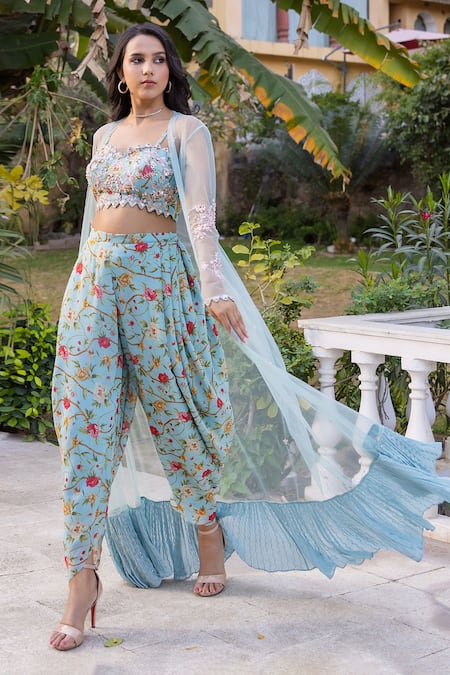 Shop Suruchi Parakh Blue Georgette, Net Embroidery, Cut Work Round Neck, Jacket And Dhoti Pant Set Online at Aza Fashions Shop_Suruchi Parakh_Blue Georgette, Net Embroidery, Cut Work Round Neck, Jacket And Dhoti Pant Set _Online_at_Aza_Fashions