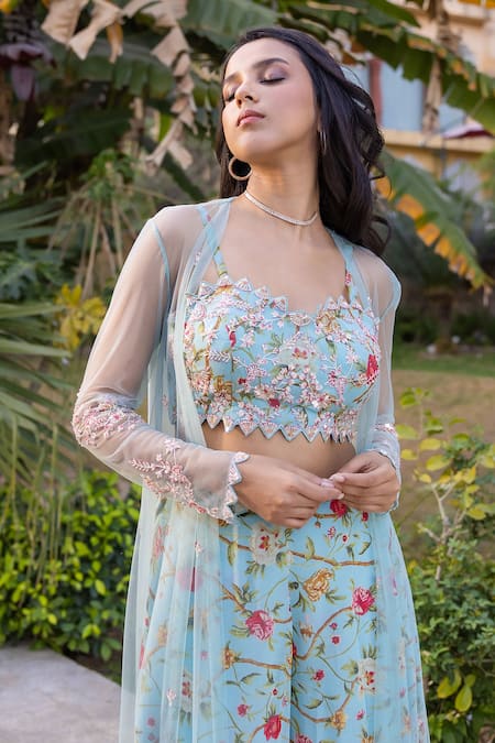 Suruchi Parakh Blue Georgette, Net Embroidery, Cut Work Round Neck, Jacket And Dhoti Pant Set at Aza Fashions Suruchi Parakh_Blue Georgette, Net Embroidery, Cut Work Round Neck, Jacket And Dhoti Pant Set _at_Aza_Fashions