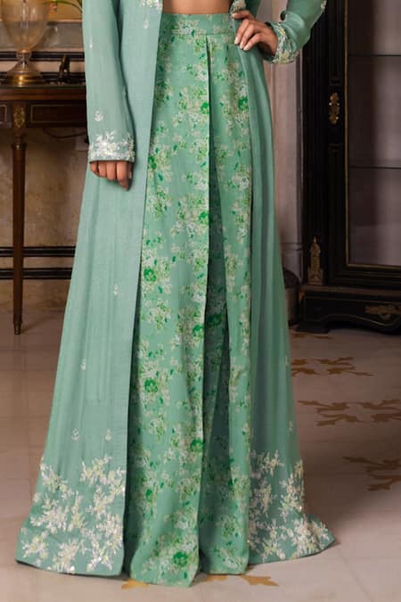 Suruchi Parakh Green Georgette Cut Work, Embroidery, Embellished Jacket Printed Pant Set Online at Aza Fashions Suruchi Parakh_Green Georgette Cut Work, Embroidery, Embellished Jacket Printed Pant Set _Online_at_Aza_Fashions