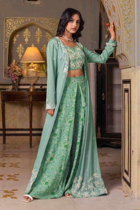 Buy Suruchi Parakh Green Georgette Cut Work, Embroidery, Embellished Jacket Printed Pant Set Online at Aza Fashions Buy_Suruchi Parakh_Green Georgette Cut Work, Embroidery, Embellished Jacket Printed Pant Set _Online_at_Aza_Fashions