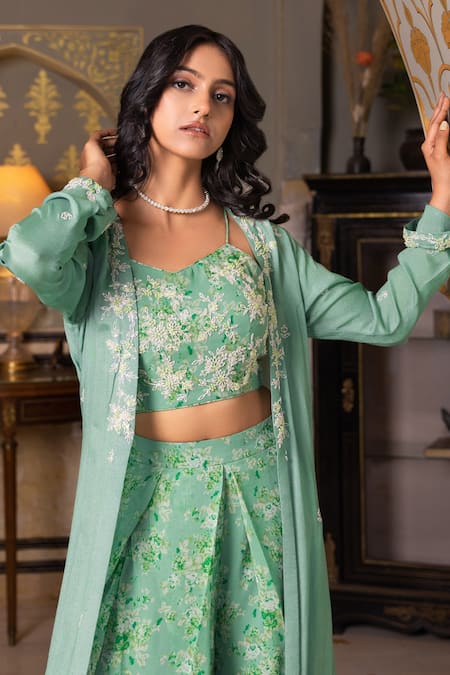 Shop Suruchi Parakh Green Georgette Cut Work, Embroidery, Embellished Jacket Printed Pant Set Online at Aza Fashions Shop_Suruchi Parakh_Green Georgette Cut Work, Embroidery, Embellished Jacket Printed Pant Set _Online_at_Aza_Fashions