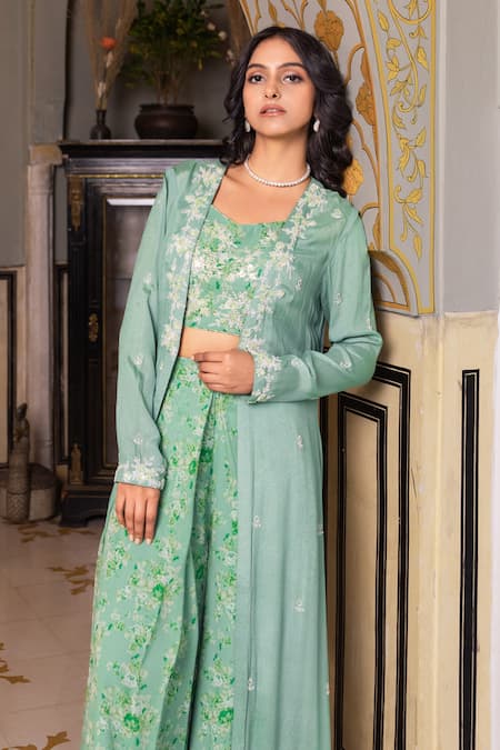 Suruchi Parakh Green Georgette Cut Work, Embroidery, Embellished Jacket Printed Pant Set at Aza Fashions Suruchi Parakh_Green Georgette Cut Work, Embroidery, Embellished Jacket Printed Pant Set _at_Aza_Fashions