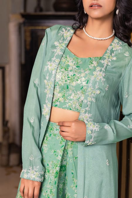 Buy Suruchi Parakh Green Georgette Cut Work, Embroidery, Embellished Jacket Printed Pant Set Buy_Suruchi Parakh_Green Georgette Cut Work, Embroidery, Embellished Jacket Printed Pant Set
