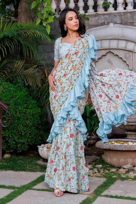 Suruchi Parakh_Blue Georgette, Organza Cut Work, Pre-draped Flower Vine Print Saree With Blouse _Online_at_Aza_Fashions