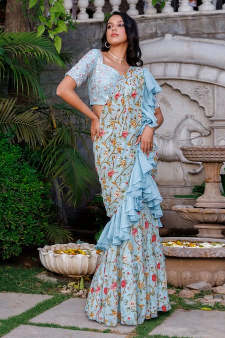 Buy_Suruchi Parakh_Blue Georgette, Organza Cut Work, Pre-draped Flower Vine Print Saree With Blouse _Online_at_Aza_Fashions