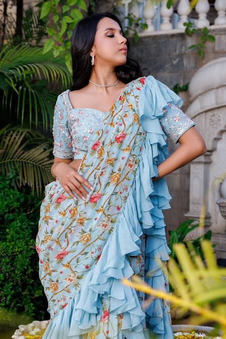 Shop_Suruchi Parakh_Blue Georgette, Organza Cut Work, Pre-draped Flower Vine Print Saree With Blouse _Online_at_Aza_Fashions