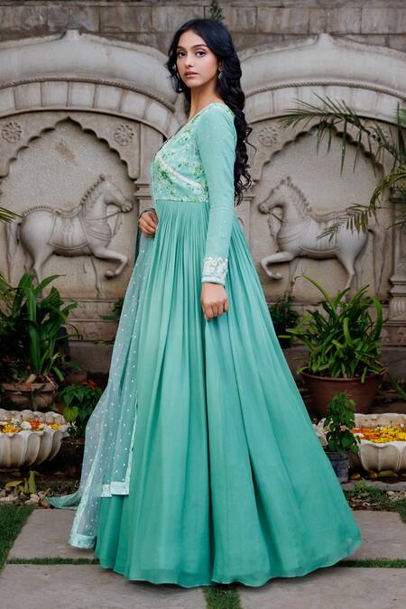 Suruchi Parakh Green Georgette, Net Beads, Sequins Ombre Anarkali With Embroidered Dupatta Online at Aza Fashions Suruchi Parakh_Green Georgette, Net Beads, Sequins Ombre Anarkali With Embroidered Dupatta _Online_at_Aza_Fashions